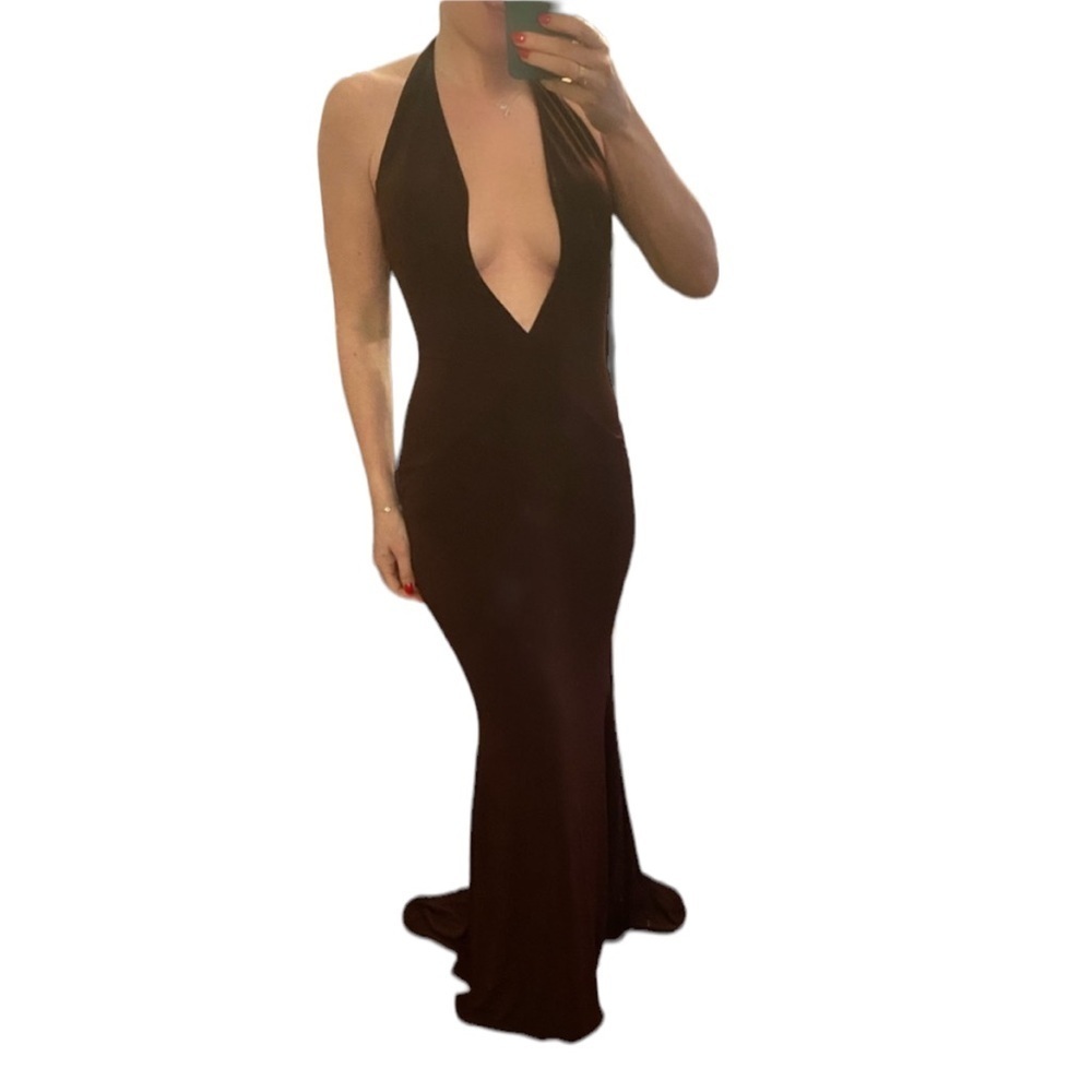 Jovani Plunge Neckline Brown